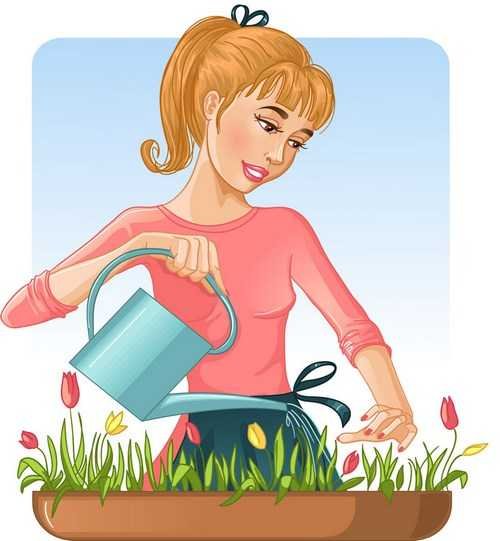 Мама поливает цветы