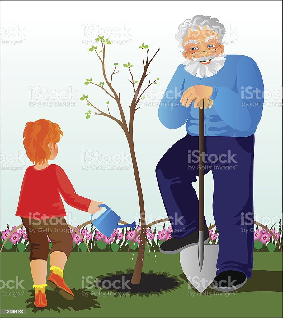 Дедушка посадил в нашем саду дерево. Дедушка сажает дерево. Помогать бабушке и дедушке. Дедушка и внук в саду. Бабушка и дедушка в огороде.