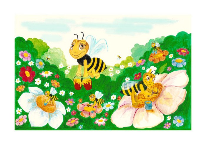 Нектар рисунок. Полянка с пчелками. Пчелки на Поляне. Картина Пчелка для детей. Пчела Сказочная.