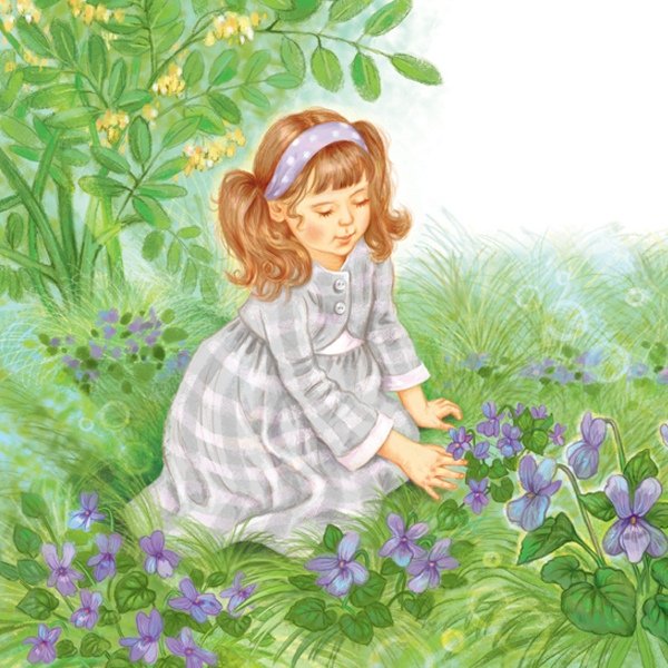 Девочка собирает цветы картина