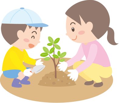 Мальчик и девочка сажают дерево