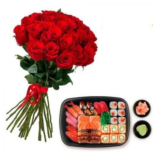 Роллы и букет цветов