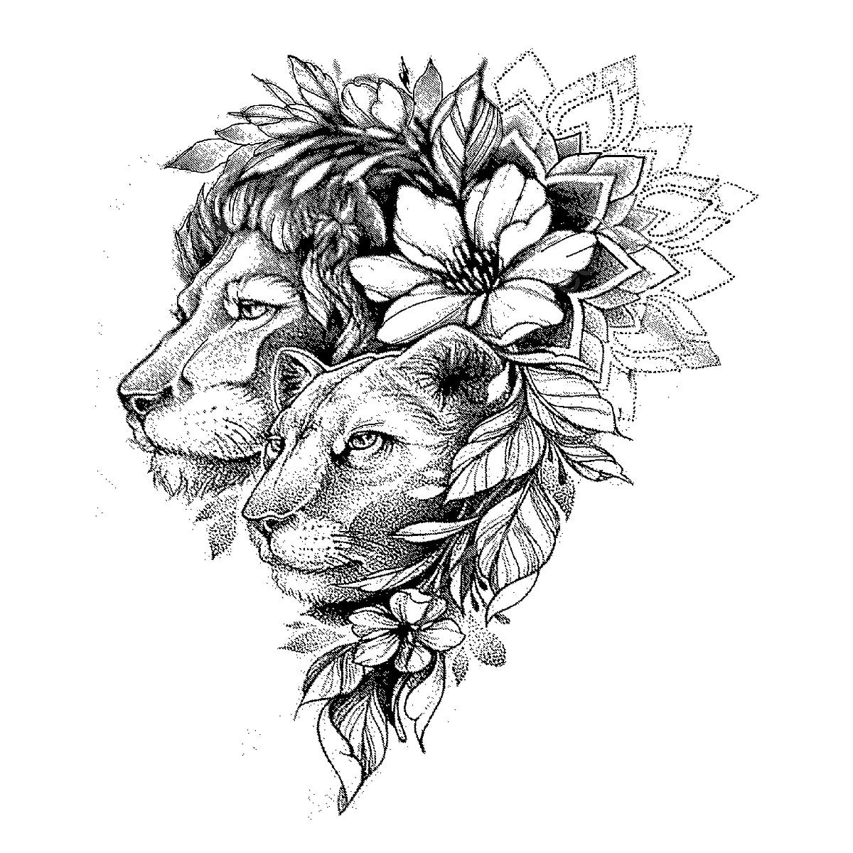 Эскиз львица с цветами