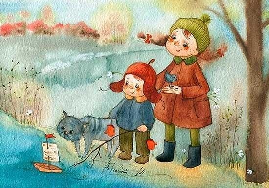 Дети весной вешают скворечники