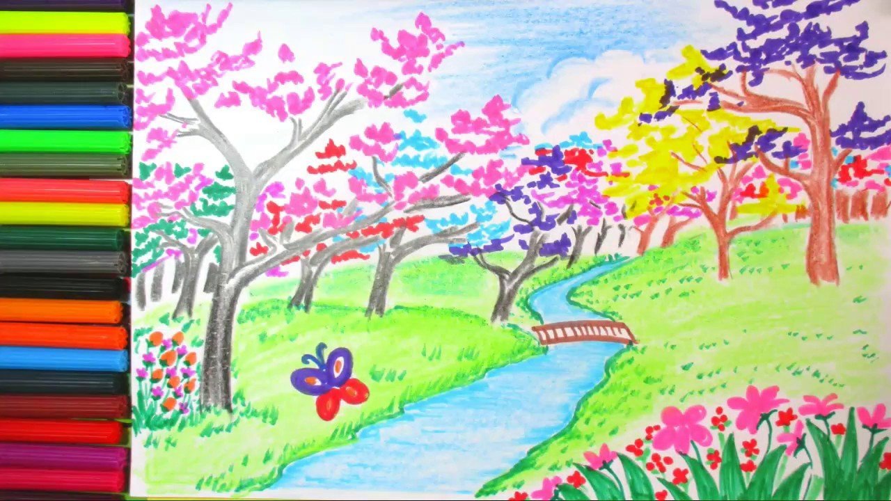 Май нарисовать карандашом. Пейзаж фломастерами. Рисование цветут сады. Весенний пейзаж рисунок. Весенний пейзаж для детей.