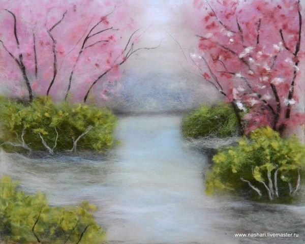 Рисование шерстью пейзажей Весна