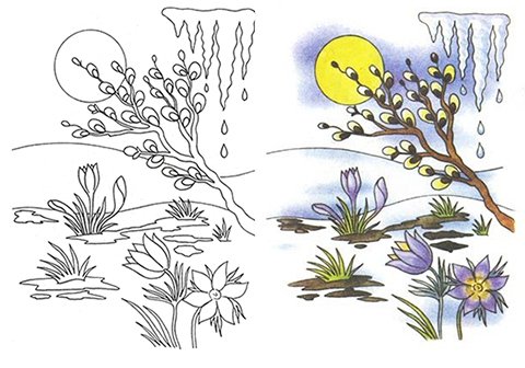 Весенний пейзаж раскраска