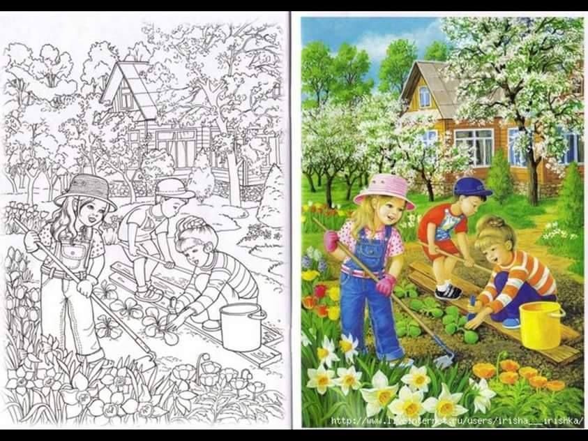 Работа людей весной. Весенние раскраски для детей. Раскраска. В огороде. Детский рисунок на тему весенние работы.