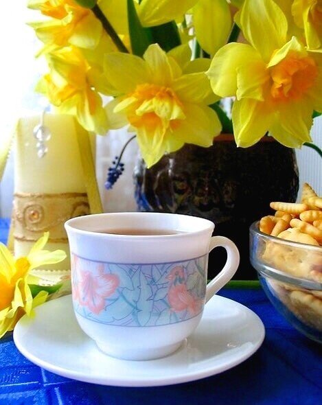 Чашка кофе и хризантемы