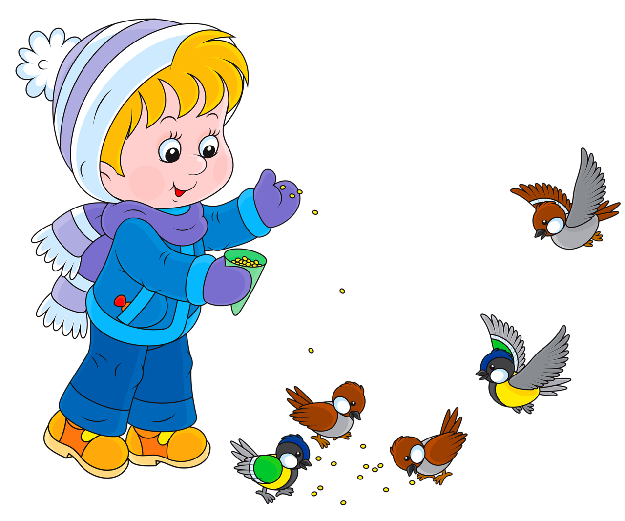 Раскраска - Дети кормят птиц