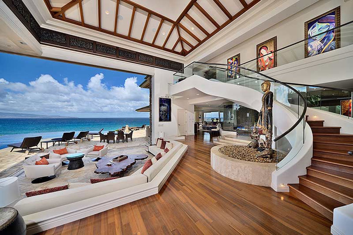 Красивые поды. Вилла Гавайи Мауи. Шикарные интерьеры домов. Шикарный дом. Вилла с видом на океан.