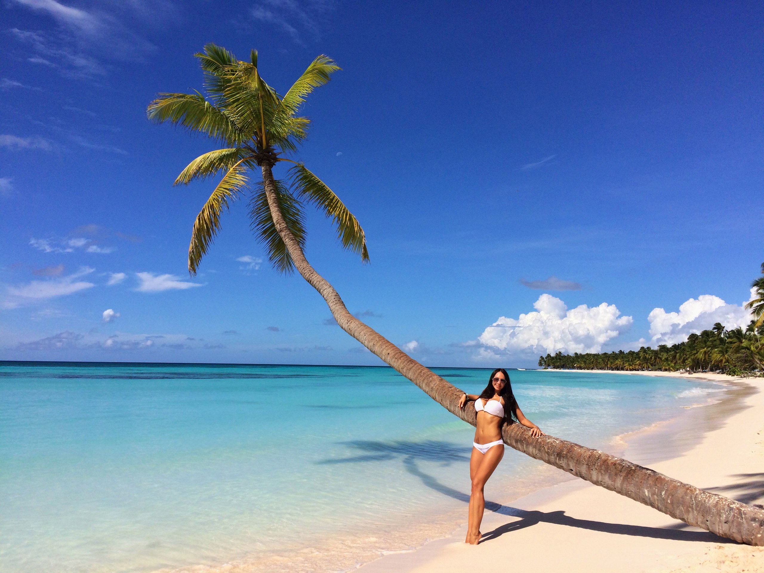 Красивая гавайская девушка на пляже под пальмами плакат поздравительной открытки