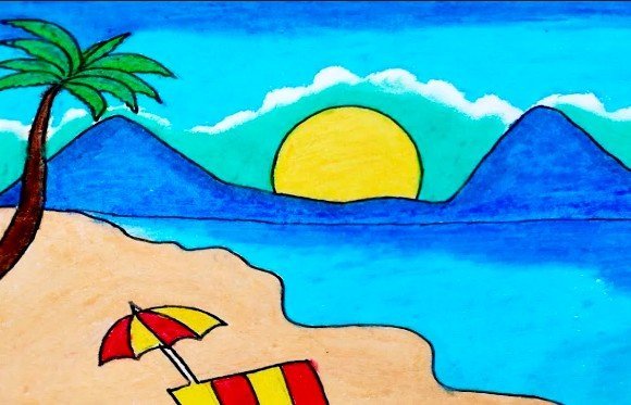 Детский рисунок море и горы