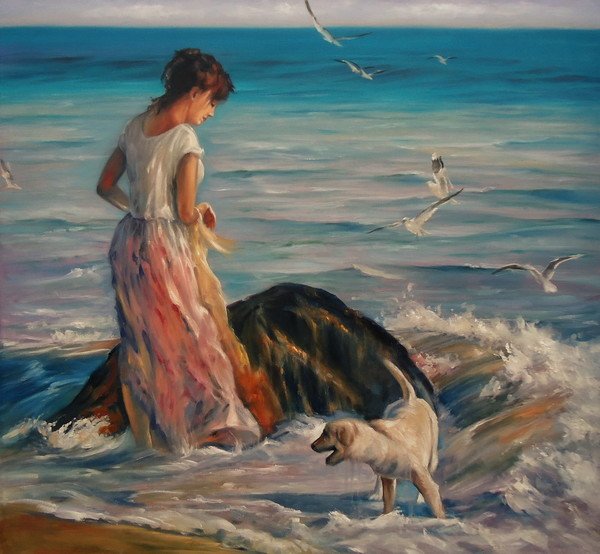 Девушка с собакой живопись