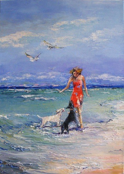 Девушка с собакой на море