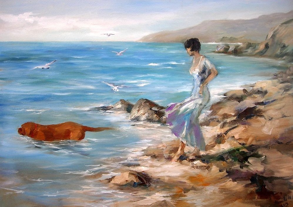 Какая ваша любимая картина. Дама с собачкой у моря. Женщина и море в живописи. Картина девушка на берегу. Девушка у моря картина.