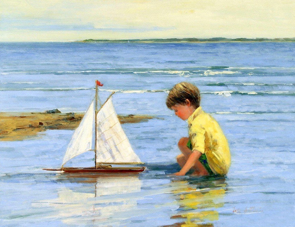 Мальчик на берегу озера. Живопись - дети у моря Салли Сватланд. Американская художница Sally Swatland. Мальчик с корабликом. Мальчик на море.