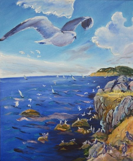 Морской пейзаж с чайкой гуашь