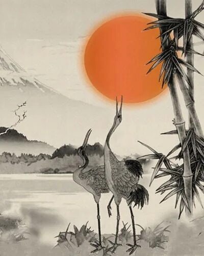 Журавль на фоне солнца