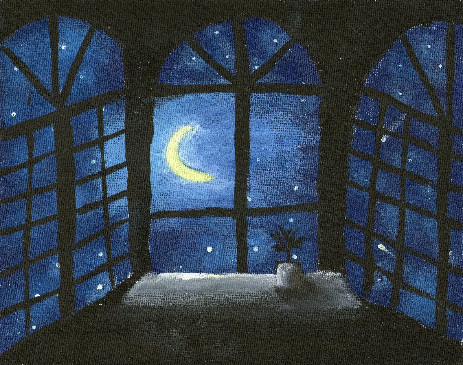 Зимнее окно рисунок. Луна в окне. Ночь за окном. Окно ночью. Луна за окном.