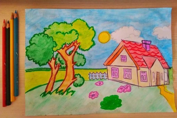 Сельский пейзаж цветными карандашами
