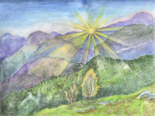 Пейзаж цветными карандашами