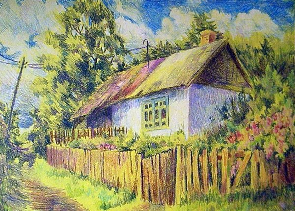Пейзаж цветными карандашами легкий