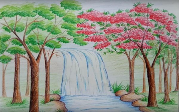 Сельский пейзаж цветными карандашами