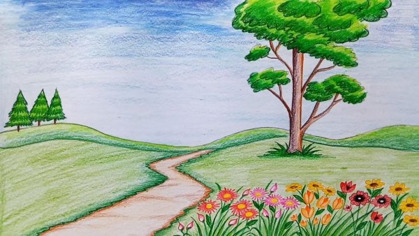 Пейзаж цветными карандашами для детей