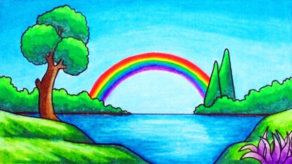 Пейзаж с радугой цветными карандашами