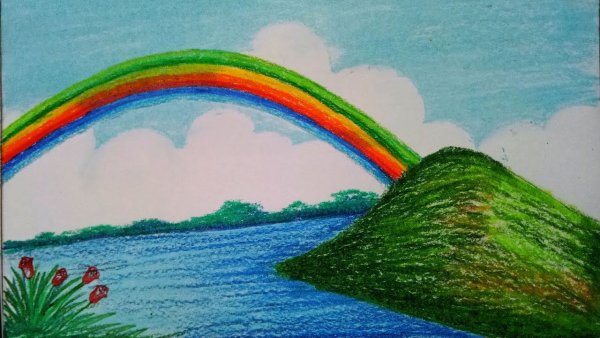 Пейзаж с радугой цветными карандашами