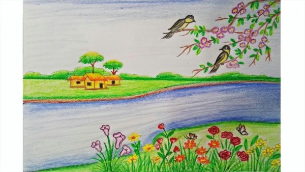 Весенний пейзаж цветными карандашами