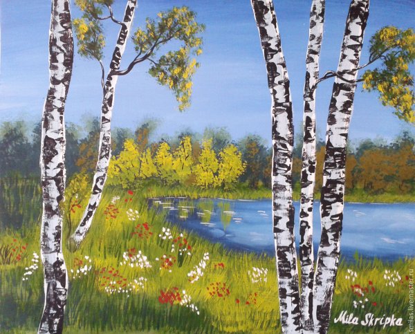 Пейзаж с березами гуашью