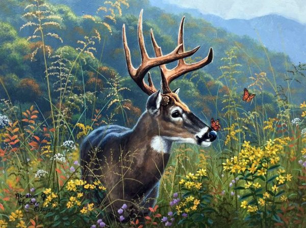 Алмазная мозаика река и олени