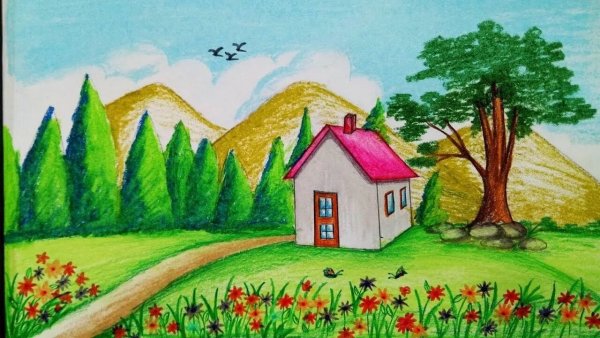 Пейзаж в круге карандашом