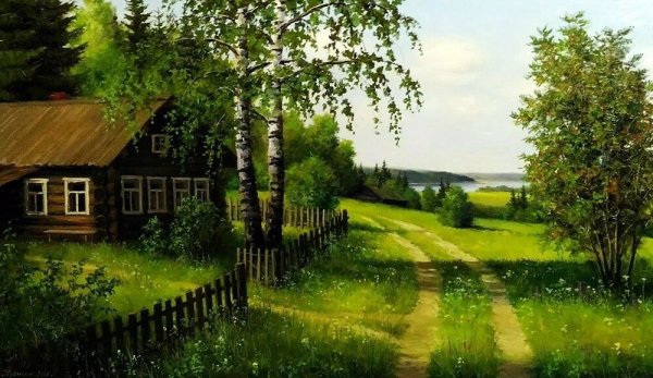 Природа лес река деревенский дом березы