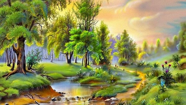Летний пейзаж цветными карандашами