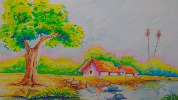 Сельский пейзаж цветными карандашами