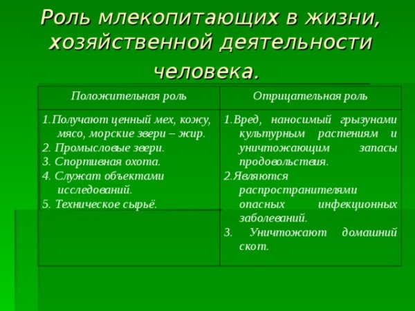 Роль млекопитающих в природе и жизни человека