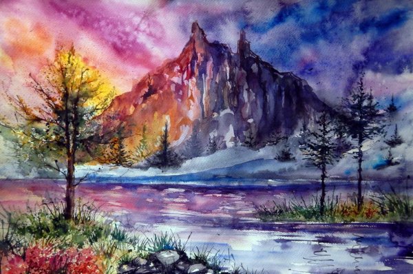 Пейзаж акварельными карандашами