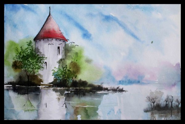Река лес акварелью
