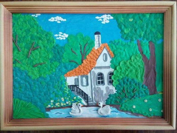 Пейзаж из пластилина на картоне