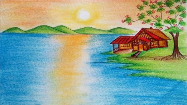 Летний пейзаж цветными карандашами