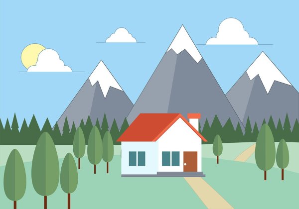Пейзаж в стиле Flat домик