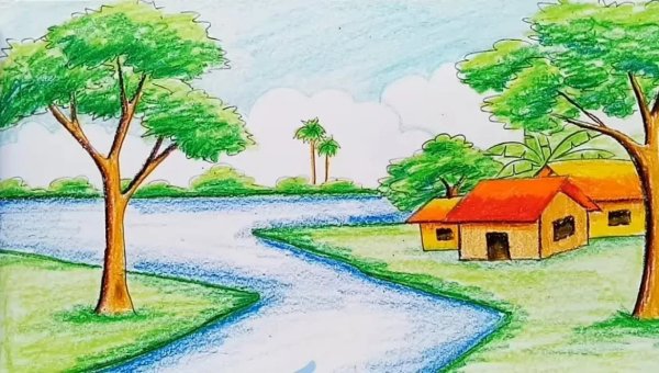 Пейзаж цветными карандашами легкий
