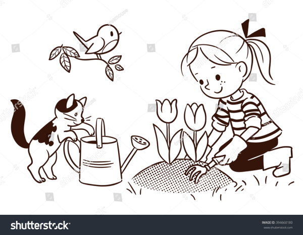 Рисунок кошка с лейкой