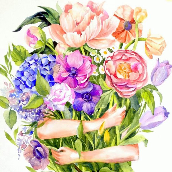 Подарок с цветами акварель