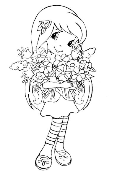 раскраска Девушка в шляпе полива цветов с лейкой