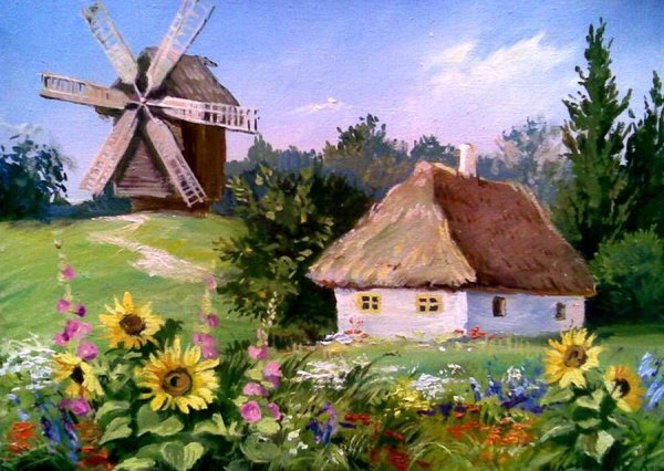 Пейзаж с мельницей акварелью