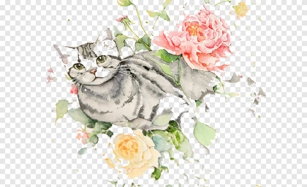 Кошка в цветах акварель